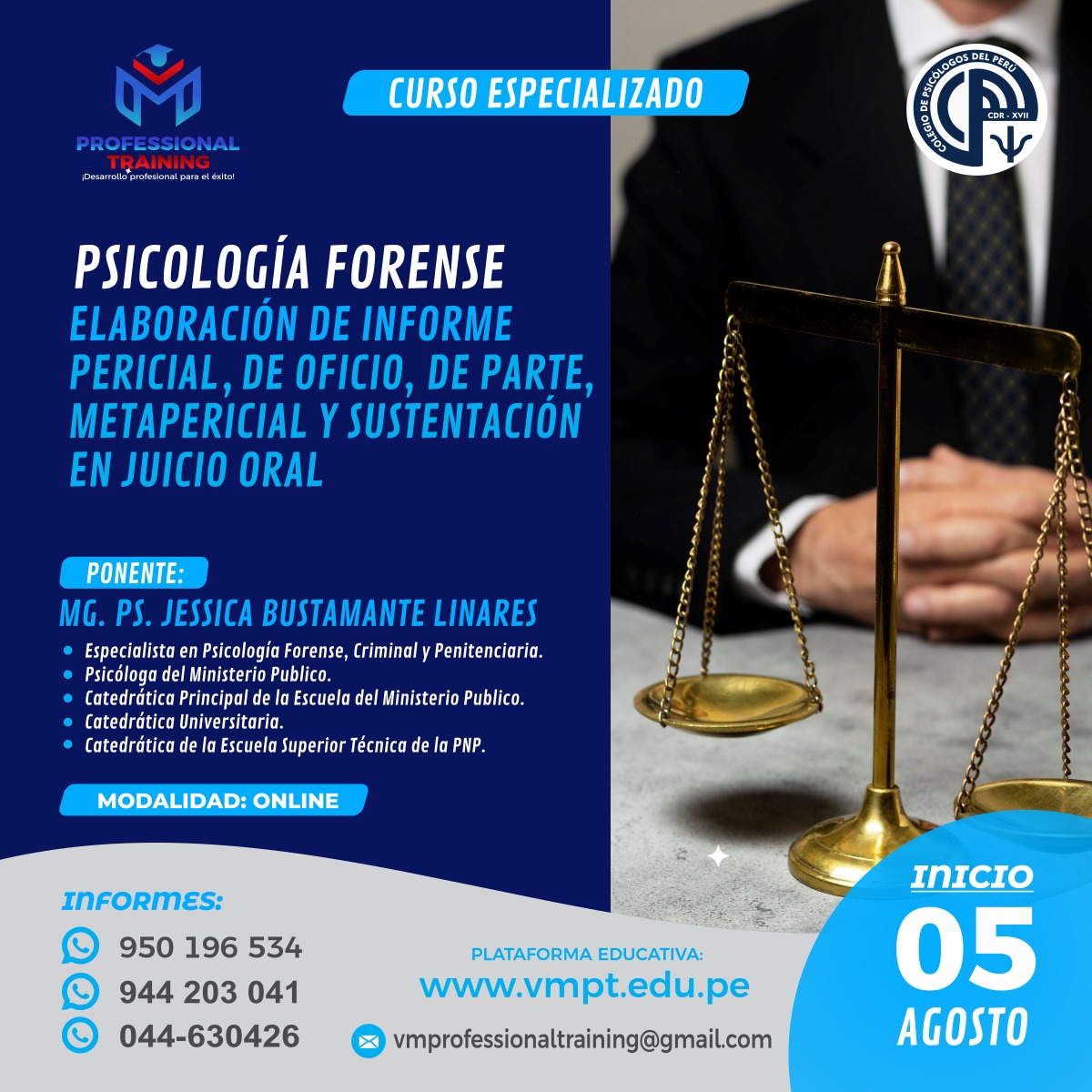 CURSO ESPECIALIZADO PSICOLOGIA FORENSE: Elaboración de informe Pericial, De Oficio, De Parte, Metapericial y Sustentación en Juicio Oral.