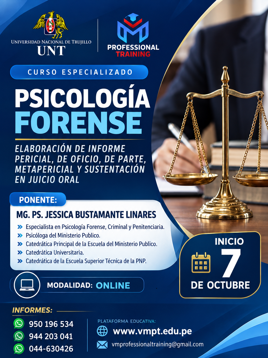 CURSO ESPECIALIZADO PSICOLOGÍA FORENSE: ELABORACIÓN DE INFORME PERICIAL, DE OFICIO, DE PARTE, METAPERICIAL Y SUSTENTACIÓN EN JUICIO ORAL